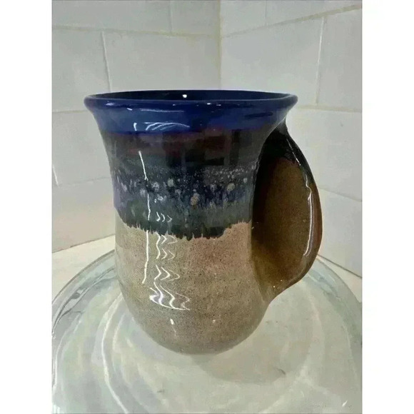 Neher Art Pottery Mug Right Hand Warmer Cup Blue Beige 2022 Signed - Picture 1 of 9